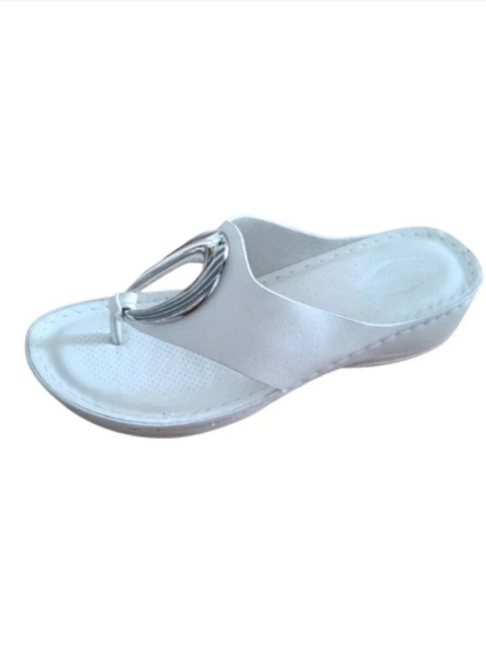 White Thong Sandals with Silver Accent - Women's Casual Slides - Picture 6 of 8